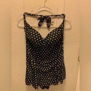 Black and white polka dot one piece with skirt attached plus size swim suit